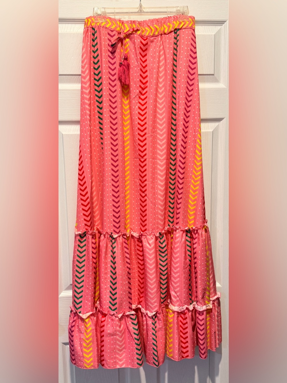 Women's Coral Chevron Tiered Maxi Skirt with Tassel Waist